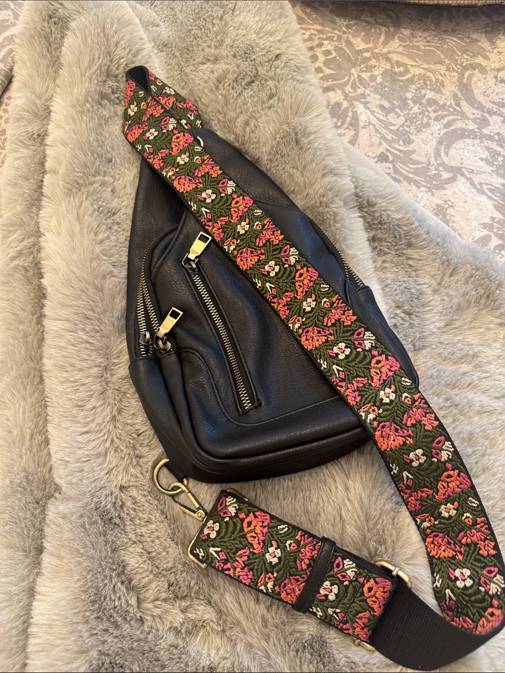 Black Leather Crossbody Sling Bag with Floral Strap